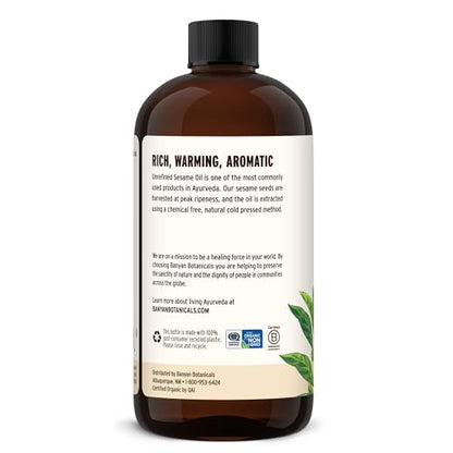 Banyan Botanicals Organic Unrefined Sesame Oil – Rich & Warming Ayurvedic Massage Oil for Body & Scalp – Traditional Abhyanga Oil for Deep Tissue Grounding & Recovery – 24 oz – USDA Organic - size: 24 Fl Oz (Pack of 1)