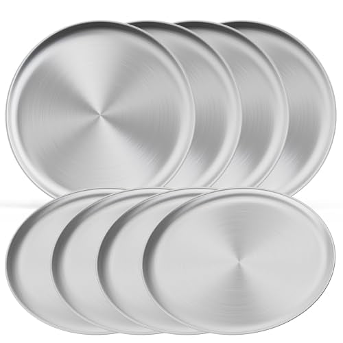 10-inch Stainless Steel Plates Set,Each Plate Weighs 0.63-lb,Set of 8 Camping Food Tray, Reusable,Dishwasher & Oven Safe
