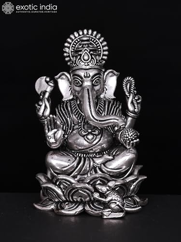 Exotic India Small Superfine Blessing Lord Ganesha Brass Statue | Silver Plated Ganpati Idol Figurine Gift for Home Décor, Office, Table Decorative
