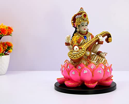 eSplanade Saraswati on Lotus | Saraswati Goddess Murti Idol Statue Sculpture Figurine - Resin - Multi - 10.5" Inches