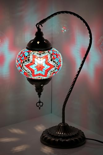 GOGERS Swan Neck Turkish Moroccan Lamp Handmade Stained Mosaic Glass Vintage Lamp Shade Bohemian Tiffany Style Bedside Night Lamp Lighting for Bedroom Living Room (Blue Red) - color: Blue Red