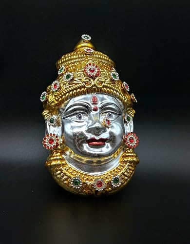 German Silver Lakshmi Face Kalasham Decoration, Gold and Silver, Traditional Design with Stones, 6.5x3.5 Inch, for Varalakshmi Vratham, Pooja Rituals