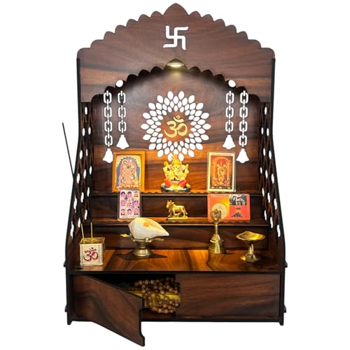 STEPn’SPACE Wooden Temple for Home Big Size Mandir with LED Light & Step Wall Hanging Puja Mandir for Home Temple for Office Pooja Stand for Home & Office Temple with Storage for Shop XL-D28xW38xH55cm