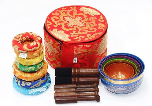 Tibetan Singing Bowl Set of 7, Handmade Singing Bowl for Meditation & Holistic Healing, Yoga Accessories, 3-5" Multicolored Singing Bowls with Wooden Striker, Cushion & Red Carry Box - color: PURPLE CARRY BOX