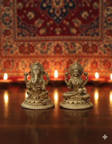 BEXCO Brass Statues, Lakshmi and Ganesha Figurines Set Height 1.5" inch (Approx.), Lord Ganesha and Goddess Laxmi Pair for Daily and Diwali Pooja (1.5 inch) - size: 1.5 inch