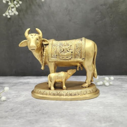 100% Pure Brass Kamdhenu Cow and Calf Idol, Gau MATA Murti, Vastu Brass Cow Statue for Home Temple, Pooja Room, Mandir Decor, Spiritual Religious Gift