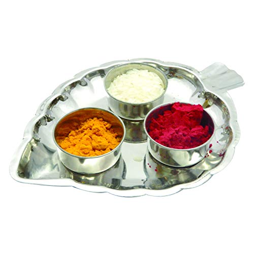 SHRIYA Stainless Steel Haldi Kumkum Holder with Attached 3 Containers – Leaf Shape Pooja Accessory for Haldi, Kumkum & Chandan – Decorative Indian Puja Item for Diwali, Housewarming & Gifting