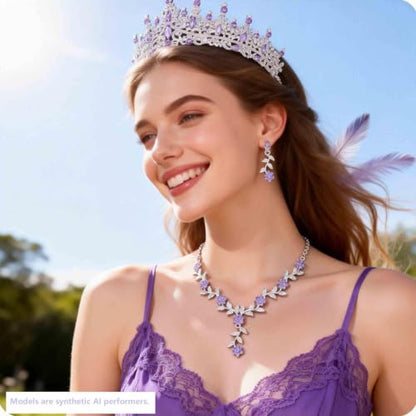 Kamirola Tiaras and Crowns for Women,Tiaras Earrings Necklace, Crystal Bridal Jewelry Set (TR48) - color: Silver Purple