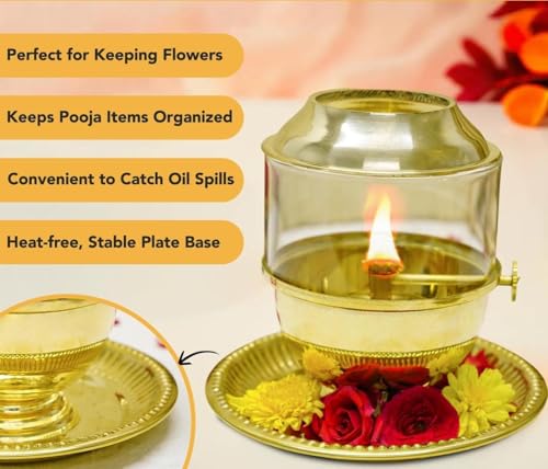 Pure Brass Akhand Jyot Diya with Glass Cover and Attached Plate – 48-Hour Long Burning Oil Lamp for Puja, Aarti, Temple, Meditation – 250ml Capacity, Adjustable Wick, Gold Finish Mandir Decor - Medium - size: Medium With Plate