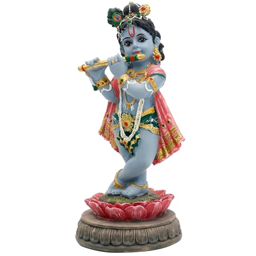 alikiki Hindu Krishna Idol Statue - 5.7”H Indian God Lord Krishna on Lotus Playing Flute India Murti Item Home Office Temple Mandir Shrine Altar Pooja Decor Diwali Puja Gifts for Indian Friends