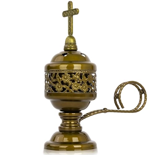 1 PCS Catholic Church Incense Holder with Cross Lid, Home&Altar Incense Burner, Charcoal Censer Incense Burner, Unique Meditation Gift, Frankincense Resin Bakhoor Burner (Bronze)