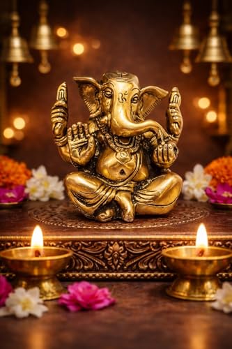athizay Brass Ganesha Idol Padmasan Ganpati Statue in Antique Finish | Hindu God Figurine for Home Temple, Gifting, and Spiritual Decor (Sitting Cross-Legged Posture)