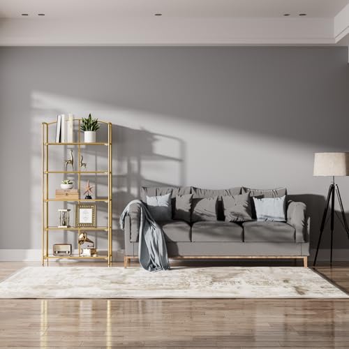 Crofy 5-Tier Wider Foldable Bookshelf, Gold Frame & Transparent Shelves - color: Gold Frame & Transparent Shelf, size: 5 Tier Wider