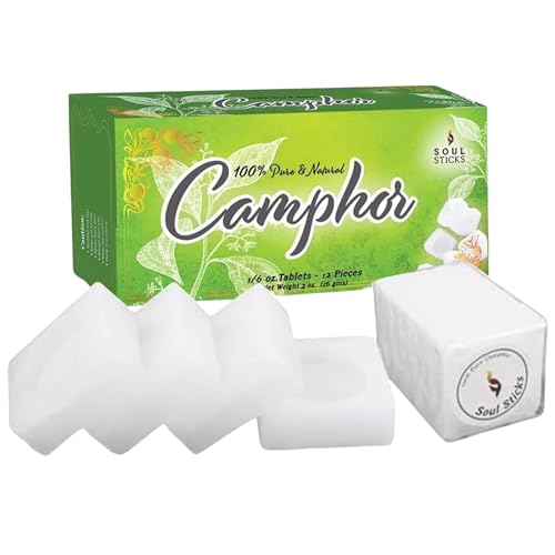 SOUL STICKS Natural Camphor Blocks, Pure Camphor Tablets for Aromatherapy & Puja - Alcanfor en Bloques, Alcanfor en Bolitas, Kapoor for Pooja (56 Grams (12 Tablets)) - size: 56 Grams ( 12 Tablets)