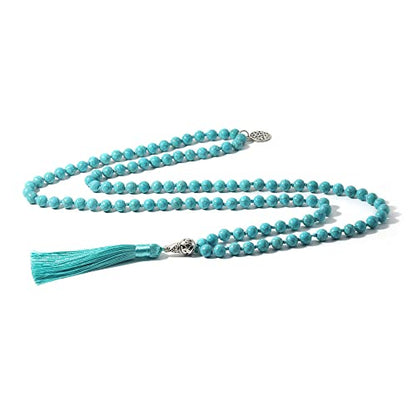 108 Mala Prayer Beads Necklace Natural Stones Meditation Yoga Jewery 108 Hand Knotted Japa Mala Beaded Long Tassel Necklace with Tree of Life Pendant for Men and Women - color: 8mm blue turquoise