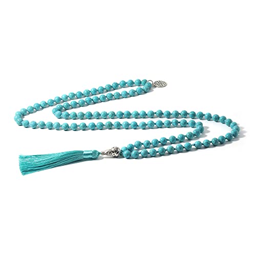 108 Mala Prayer Beads Necklace Natural Stones Meditation Yoga Jewery 108 Hand Knotted Japa Mala Beaded Long Tassel Necklace with Tree of Life Pendant for Men and Women - color: 8mm blue turquoise