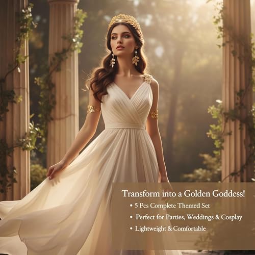 5 Pcs Greek Goddess Costume Accessories Set for Women, Gold Laurel Leaf Crown Headband, Adjustable Leaf Arm Cuffs & Dangle Earrings, Roman Toga Party Costume Set for Bridal Wedding Halloween Cosplay - style: Classic