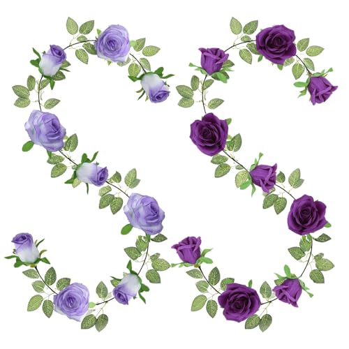 GREENTIME 2Pack Mixed Purple Flower Garland Each 6.5FT Fake Rose Garland - color: Light Dark Purple