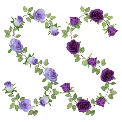 GREENTIME 2Pack Mixed Purple Flower Garland Each 6.5FT Fake Rose Garland - color: Light Dark Purple