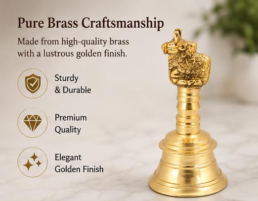 Wonderlist Handicrafts Brass Pooja Bell with Gods Sitting On Top (Nandi), 5 INCH, SE-45T - color: Nandi
