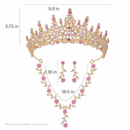 Kamirola Tiaras and Crowns for Women,Tiaras Earrings Necklace, Crystal Bridal Jewelry Set (TR48) - color: Gold Pink