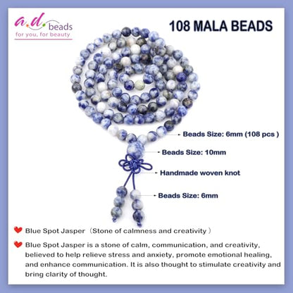 AD Beads 6mm 8mm 108 Prayer Mala Jasper Elastic Bracelet - Handmade Yoga Meditation Healing Power Energy Gifts for Unisex Adult. - color: Blue Spot Jasper(Creativity)