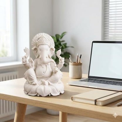 GrabM Marble Finish Ganesha Idol Ganpati Murti for Home Decor, Puja Room, Office Desk – Lord Ganesh Statue for Temple, Spiritual Gift, Housewarming, Diwali Decoration