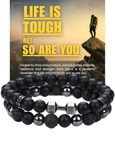 Mens Beaded Bracelets, Cross Bracelet for Men with Hematite Black Obsidian Lava Stone Triple Protection Bracelets for Men - size: Medium, style: Dumbbell