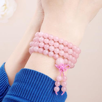 AD Beads 6mm 8mm 108 Prayer Mala Jasper Elastic Bracelet - Handmade Yoga Meditation Healing Power Energy Gifts for Unisex Adult. - color: Rose Quartz (Courage)