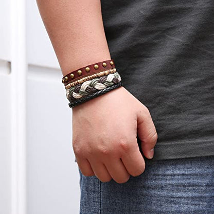 HZMAN Handmade Hemp Cords Wood Beads Leather Bracelets for Men Women - style: Cross Braided