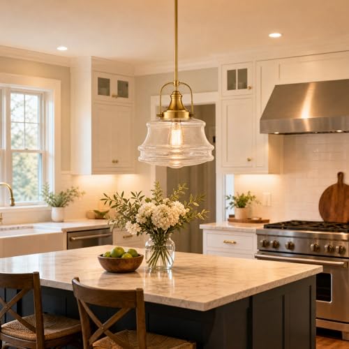DEYNITE Modern Gold Kitchen Schoolhouse Pendant Light Seeded Glass Shade - color: Gold, size: Seeded glass