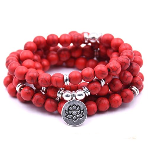 108 Mala Beads Bracelet Necklace - Gemstone Prayer Beads with Lotus Charm for Meditation & Yoga - style: Red Turquoise
