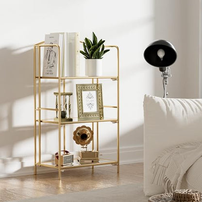 Crofy 3-Tier Foldable Bookshelf, Gold Frame & Transparent Shelves - color: Gold Frame & Transparent Shelf, size: 3 Tier