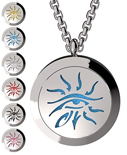 Wild Essentials Wisdom Eye Essential Oil Diffuser Necklace, Stainless Steel Locket Pendant with 24 inch Chain, 12 Color Refill Pads, Customizable Color Changing Perfume Jewelry for Aromatherapy - color: Silver Eye, size: No Oils