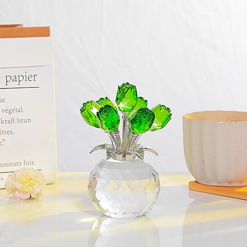 Movdyka Green Crystal Rose Glass Flowers with Vase Figurine Home Decor - color: Green -Crystal Rose