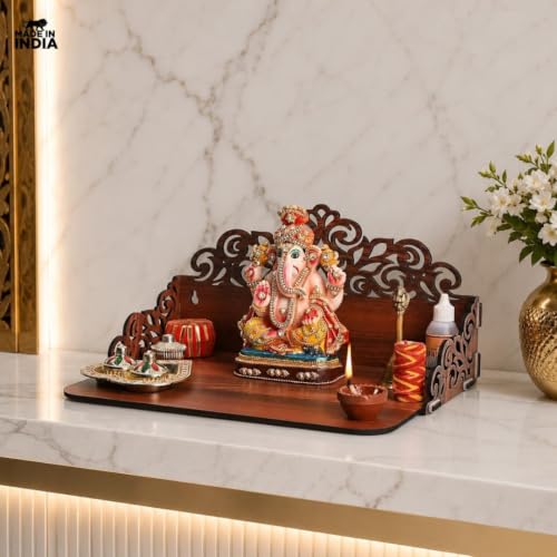 Wooden Pooja Mandir for Home Wall | Small Temple for Office & Room | Indian Wooden Temple for Table or Shelf | Compact DIY Mandir | 12x9x6 Inch | Classic Design