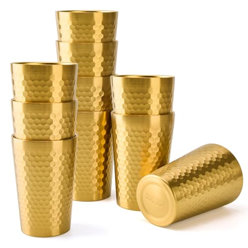 10 Pack 12 oz Stainless Steel Insulated Cup, Honeycomb Double Wall Vacuum Small Metal Cup, Reusable Camping Cups Unbreakable Indoor Outdoor for Party, Home, Office, BBQ, Gold - size: 10PC