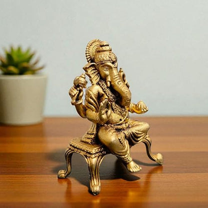Brass Lord Ganesha Idol on Lotus – 2.25 Inch Small Hindu God Statue for Home Temple Décor, Ganpati Murti for Puja, Meditation & Gift – Handcrafted Indian Religious Figurine, 50 Gram