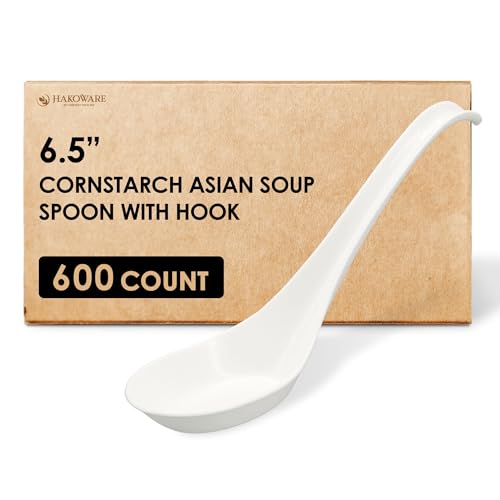 Disposable PLA Cornstarch Asian Soup Spoons with Hook Plastic-Free,600 Pack