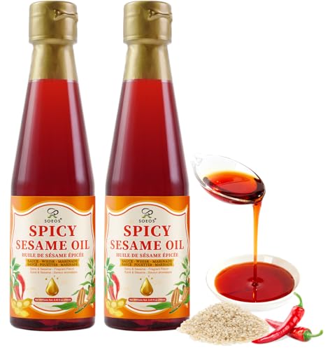 Soeos Spicy Sesame Oil, 8.45 fl oz (250ml), Pack of 2, Total 500ml, Aromatic Chili-Infused Flavor, Bold Heat & Nutty Taste, Toasted Sesame Chili Oil, Ideal for Stir-Fry, Marinade, Dressings, and Dipping Sauces - size: 8.45 Fl Oz (Pack of 2)