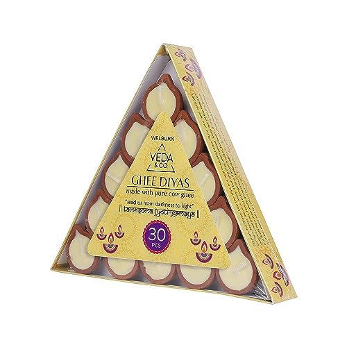 Welburn Veda&Co™ Pure Cow Ghee Diya for Puja - 30 Pieces, 45 Minutes Burn Time, Clarified Butter Filled, Paraffin Free, Clay Diya Lamp, Ready to Use Diya, Yoga & Meditation, Eco Friendly Pooja Diyas