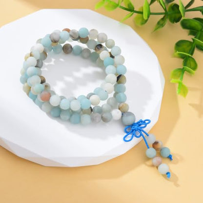 108 Mala Beads Stretch Bracelet 6mm Natural Gemstone Prayer Beaded Necklace - color: Matte Amazonite