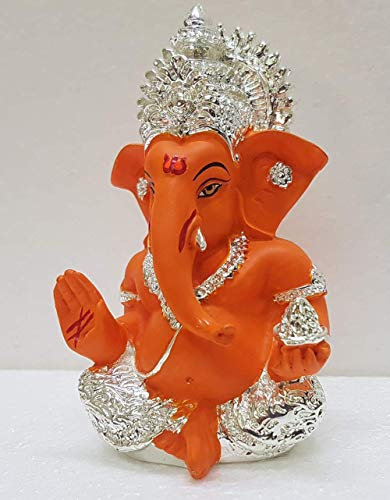 India 24K Silver Plated Orange Terracotta Ganesha Statue for Car Dashboard God Ganesh Murti Ganpati Idol Figurine