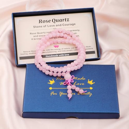 AD Beads 6mm 8mm 108 Prayer Mala Jasper Elastic Bracelet - Handmade Yoga Meditation Healing Power Energy Gifts for Unisex Adult. - color: Rose Quartz (Courage)