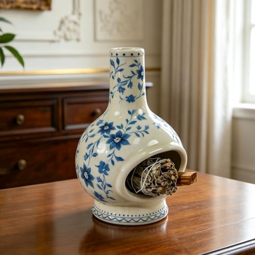 MOUGIGI Ceramic Palo Santo Holder, Sage Smudge Stick Incense Holder - color: Flowers-blue and White