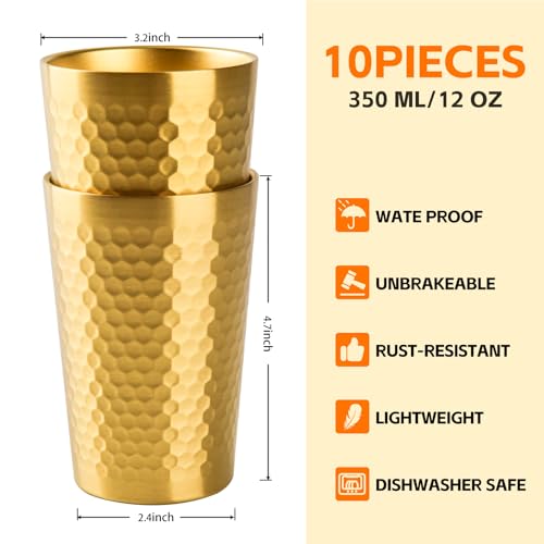 10 Pack 12 oz Stainless Steel Insulated Cup, Honeycomb Double Wall Vacuum Small Metal Cup, Reusable Camping Cups Unbreakable Indoor Outdoor for Party, Home, Office, BBQ, Gold - size: 10PC