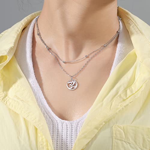 Women OM Necklace Indian Yoga Aum Om Ohm Pendant Necklace Stainless Steel Hindu Meditation Charm Sanskrit Symbol Spiritual Amulet Jewelry for Women Men - color: Layered-S