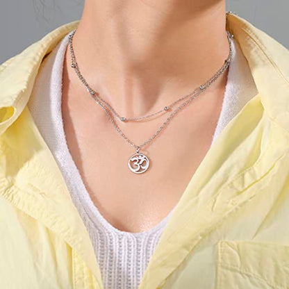 Women OM Necklace Indian Yoga Aum Om Ohm Pendant Necklace Stainless Steel Hindu Meditation Charm Sanskrit Symbol Spiritual Amulet Jewelry for Women Men - color: Layered-S