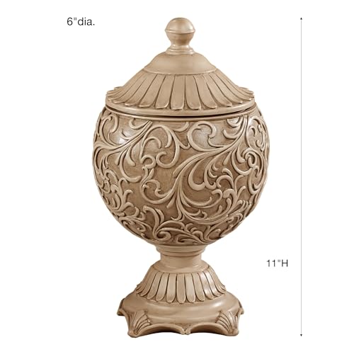 Abriella Traditional Decorative Covered Jar Tan Spherical Scrolls 11 Inches High