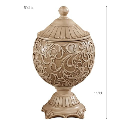 Abriella Traditional Decorative Covered Jar Tan Spherical Scrolls 11 Inches High